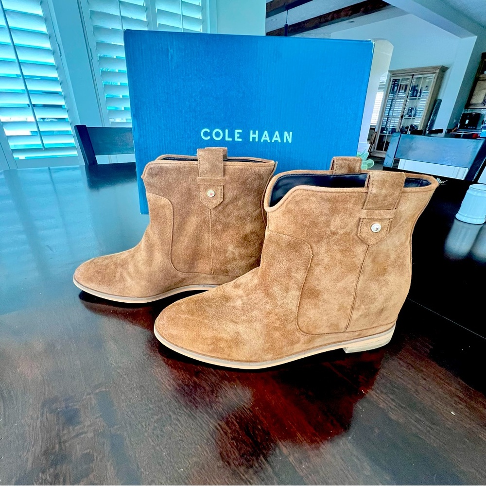 Cole Haan - Reyna Wedge Brown Suede Leather Bootie, Size 9B, New in Box